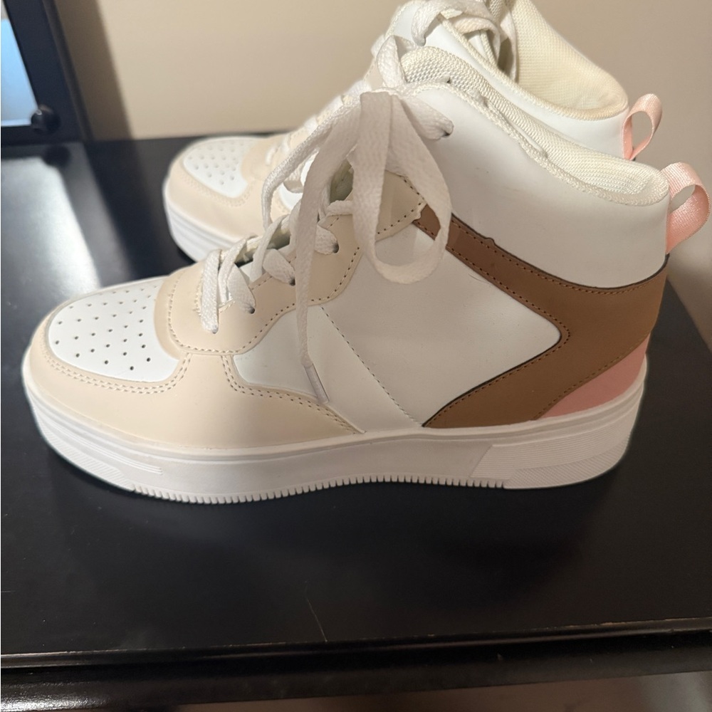 White and Brown High-Top Sneakers